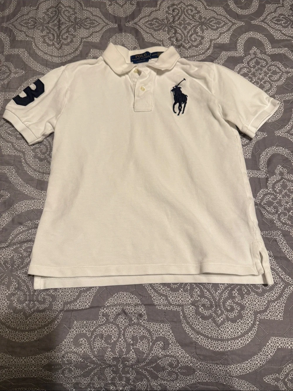 Boy Ralph Lauren White Polo with Navy Pony & Sleeve Number